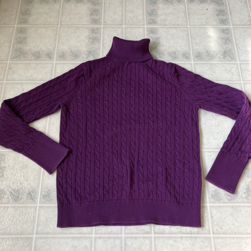 Lands' End Women's Purple Cable Knit Turtleneck Sweater 100% Cotton Size S 6-8